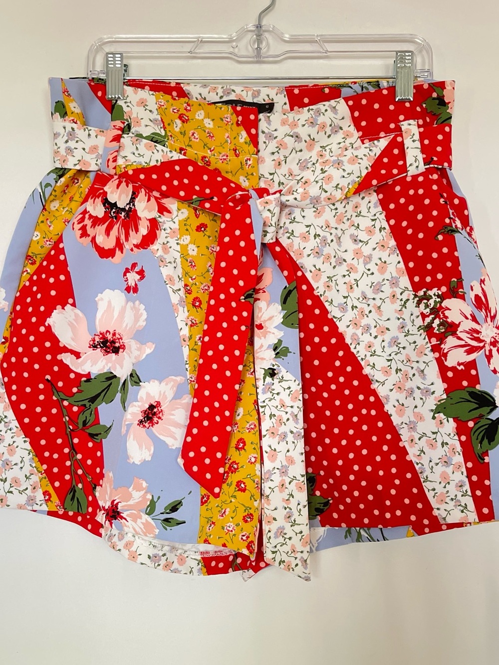 Patchwork Floral Polka Dot Paperbag High-Waist Belt Shorts Sz 12